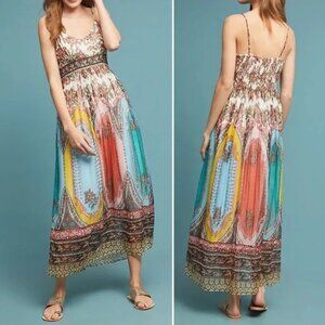Anthropologie Virginia Multicolor Smocked Boho Sleeveless Maxi Dress Size 4